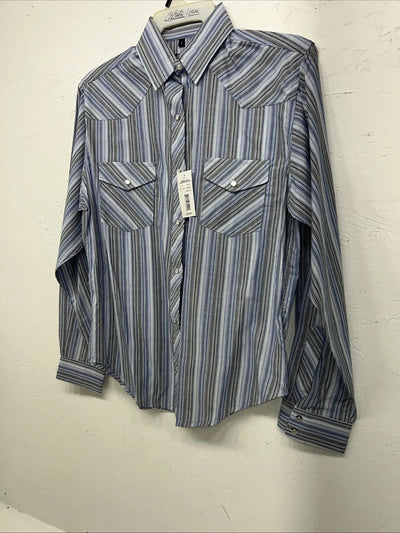 New Men’s White horse Blue Long Sleeve Pearl Snap Small A-193