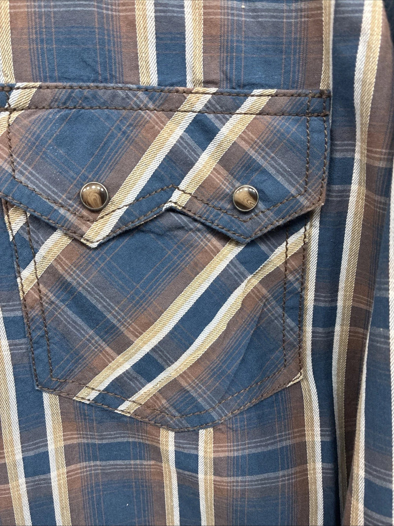 New Men’s ELY 1878 Blue Brown Plaid Long Sleeve Pearl Snap XL T-35
