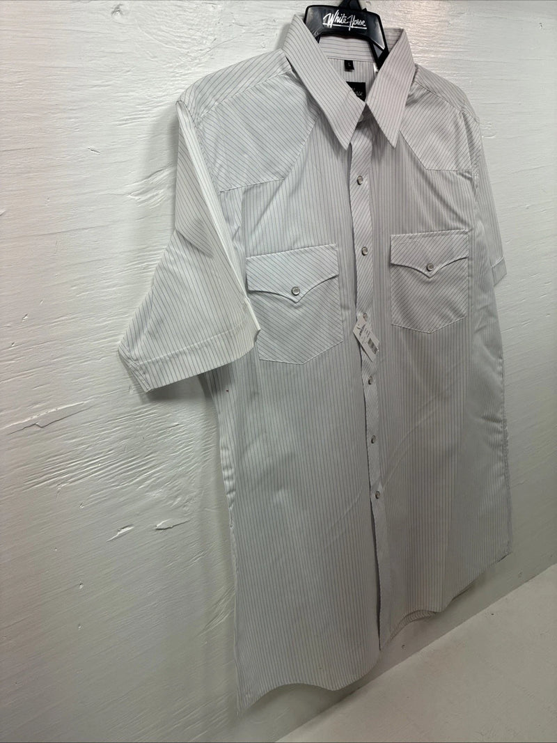New Men’s White Horse White Stripe Short Sleeve Pearl Snap Large X-41
