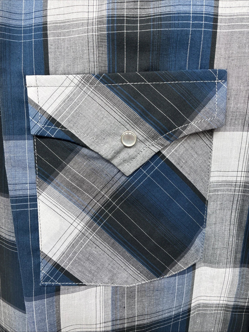 New Emma ELY Cattleman Blue Gray Plaid Long Sleeve Pearl Snap Large AA-16