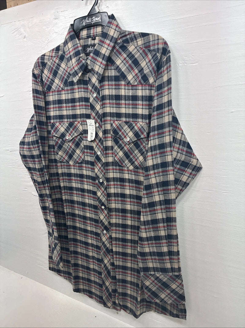 New Men’s White Horse Brown Blue Plaid Long Sleeve Pearl Snap Large V-102