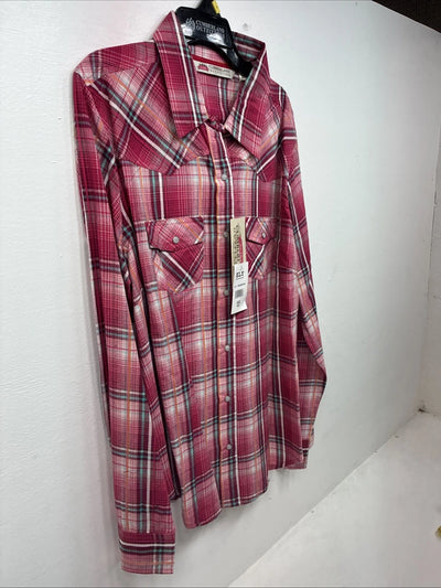 New Women’s Cumberland Pink Plaid Long Sleeve Pearl Snap Large GG-69