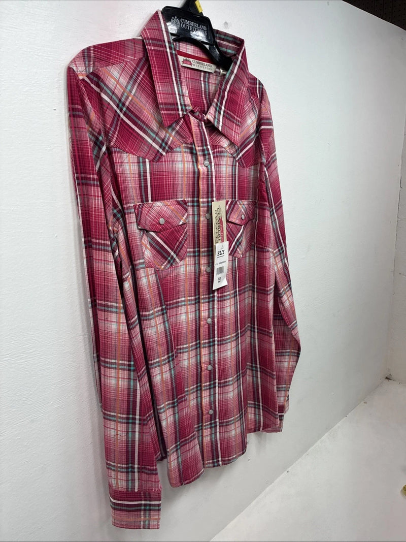 New Women’s Cumberland Pink Plaid Long Sleeve Pearl Snap Large GG-69