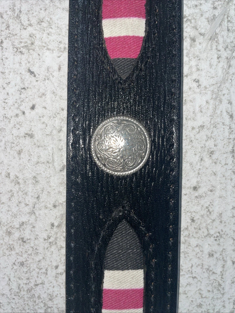 New Black Genuine Leather Wrangler Pink Striped Fabric 32” Belt #627005 Z-16