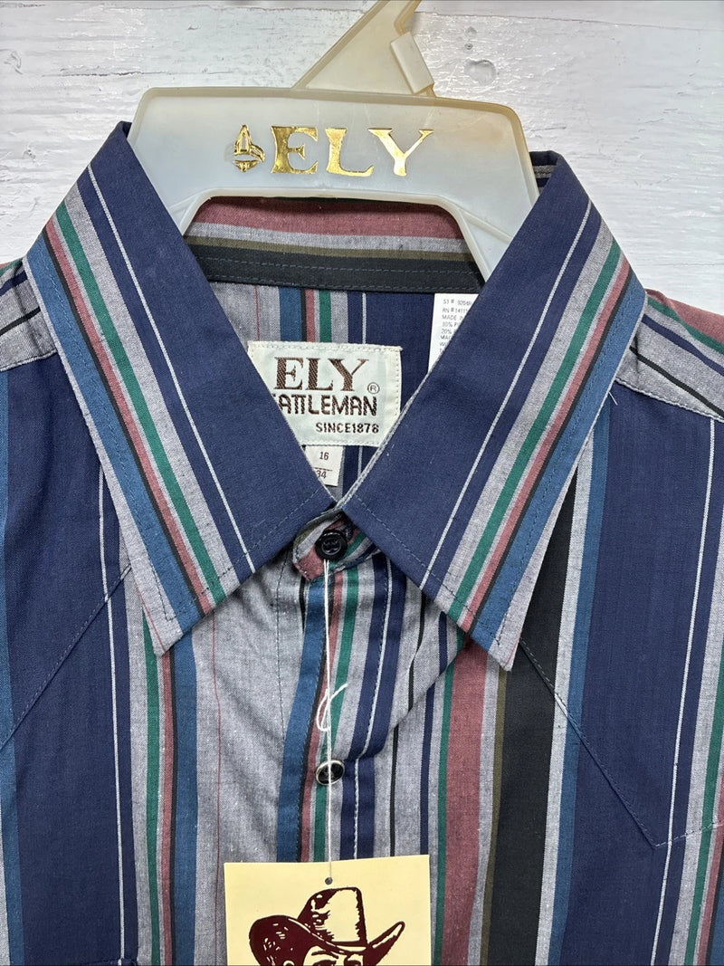 New Men’s ELY Cattleman Multicolor Stripe Long Sleeve Button Up 16 Large Q-35