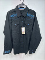 New Women’s Cumberland Black Blue Design Long Sleeve Pearl Snap 1XL LL-107