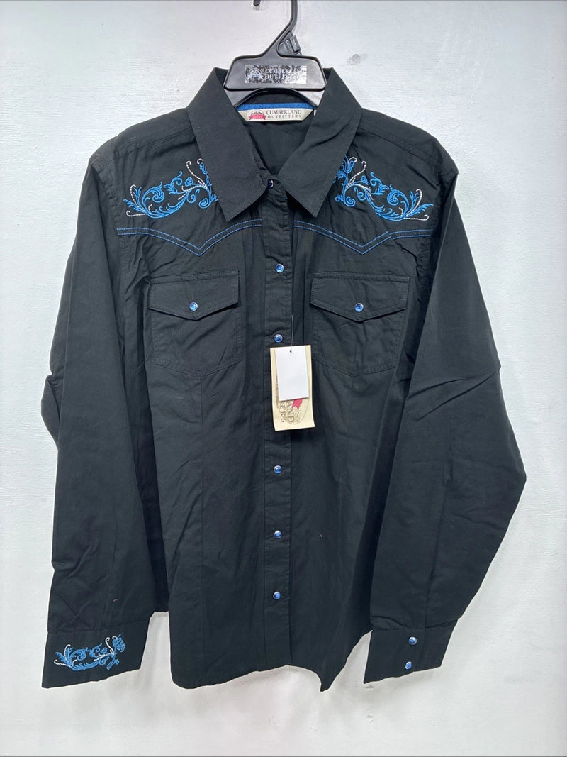 New Women’s Cumberland Black Blue Design Long Sleeve Pearl Snap 1XL LL-107