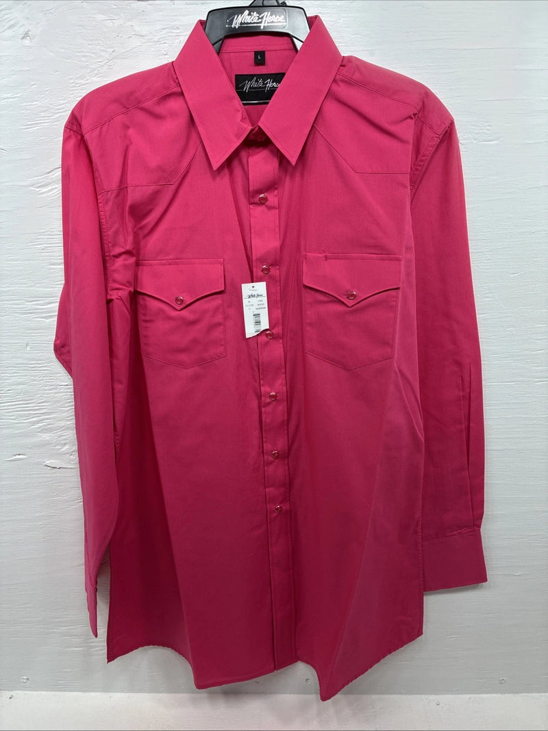 New Men’s White Horse Pink Simple Long Sleeve Pearl Snap Large Q-18