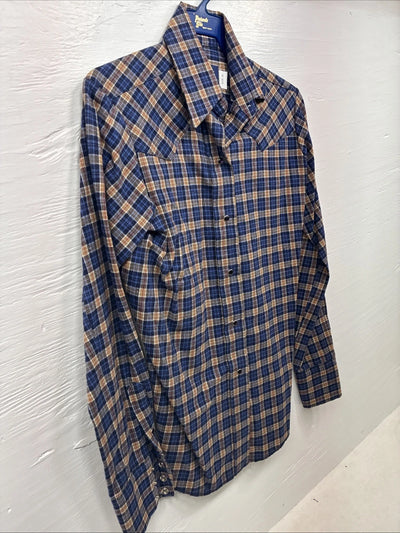 New Kids Panhandle Slim Blue Gold Plaid Long Sleeve Pearl Snap Size 10 CC-81