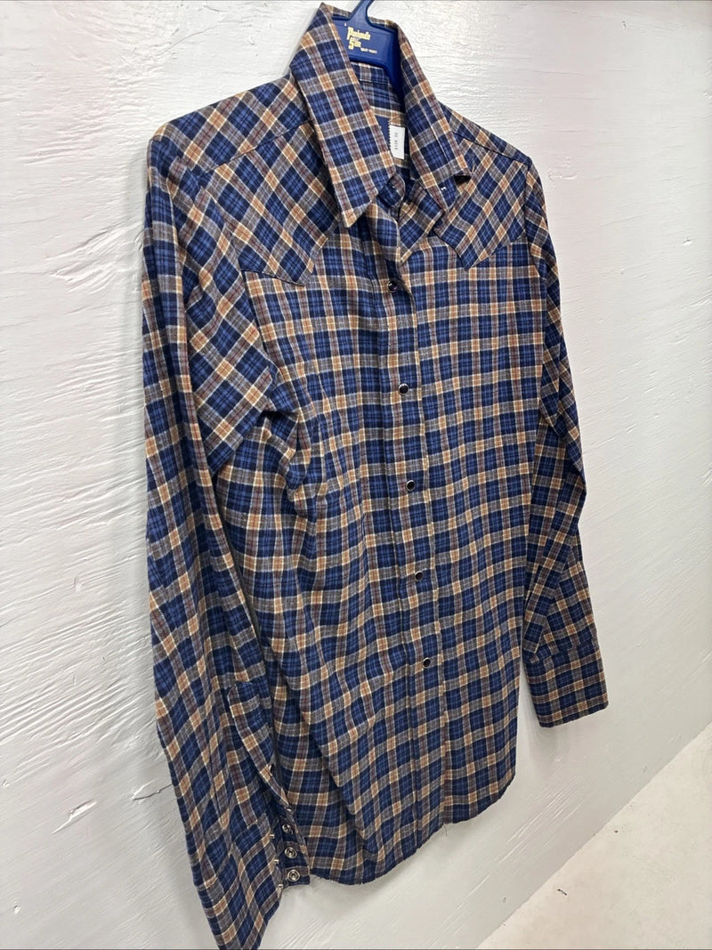 New Kids Panhandle Slim Blue Gold Plaid Long Sleeve Pearl Snap Size 10 CC-81