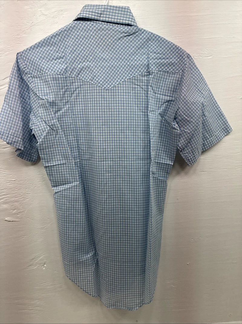 New Men’s Western Shirts Blue Checkered Short Sleeve Pearl Snap Small J-72