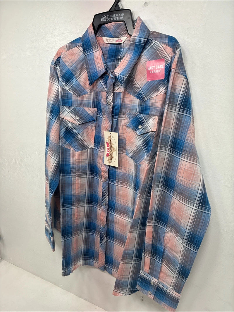 New Women’s Cumberland Pink Blue Plaid Long Sleeve Pearl Snap 2XL GG-80