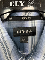 New Men’s ELY 1878 Blue Gray Plaid Long Sleeve Pearl Snap Large V-30 