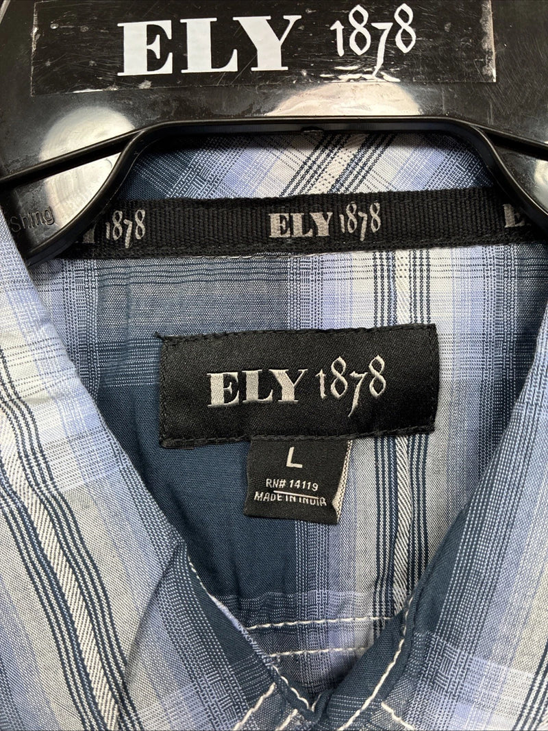 New Men’s ELY 1878 Blue Gray Plaid Long Sleeve Pearl Snap Large V-30 
