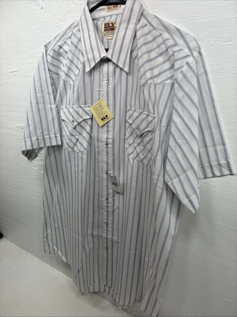 New Men’s ELY Cattleman White Stripe Short Sleeve Pearl Snap XL J-35