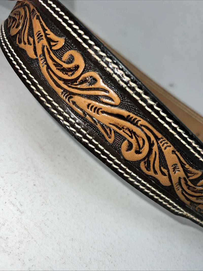 New Brown Black Perkies Hand Tooled Genuine Leather Belt 30” #7512 W-11