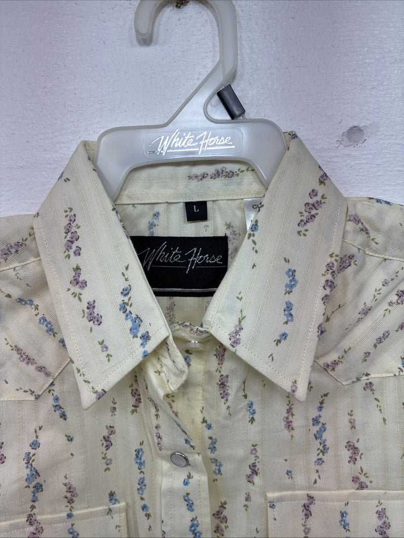 New Kids White Horse Floral Long Sleeve Pearl Snap Large MM-7