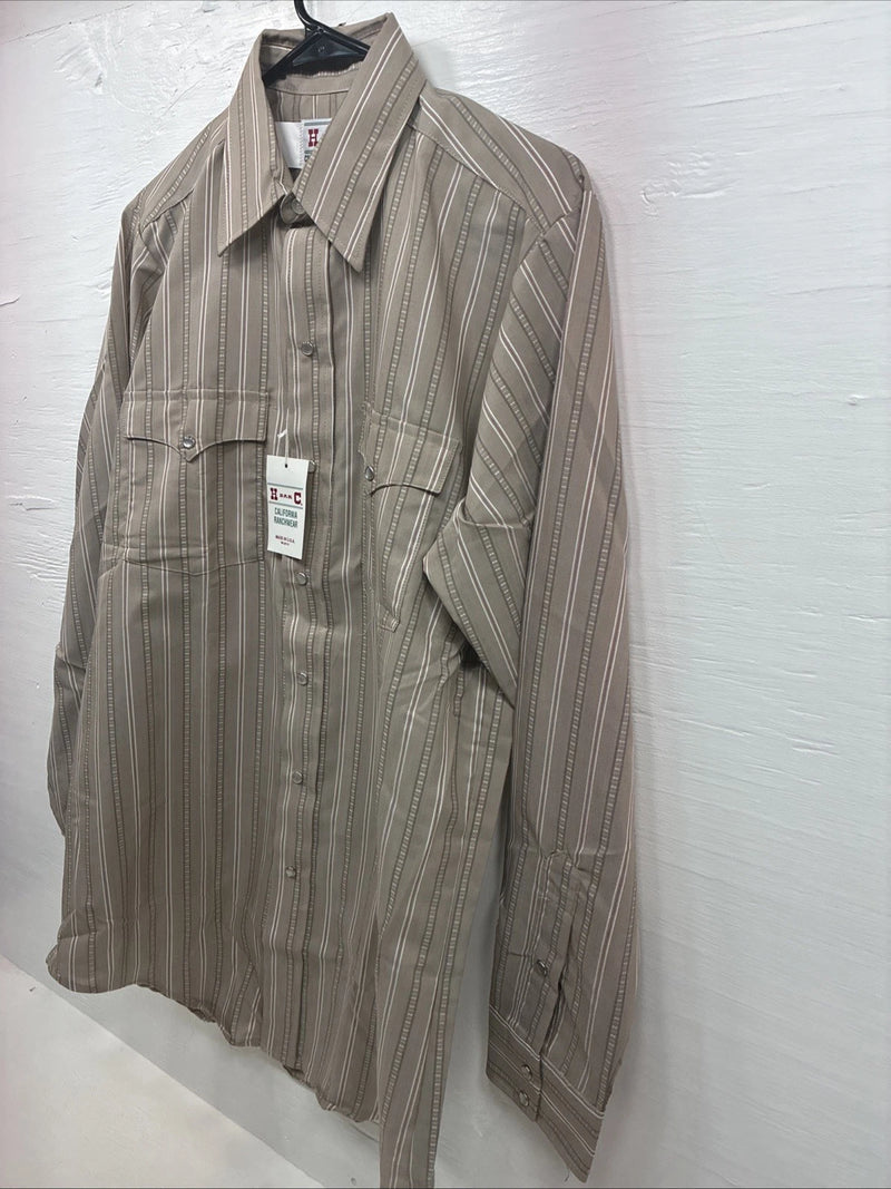 New Men’s H Bar C Brown Stripe long Sleeve Pearl Snap 15.5 Medium T-74