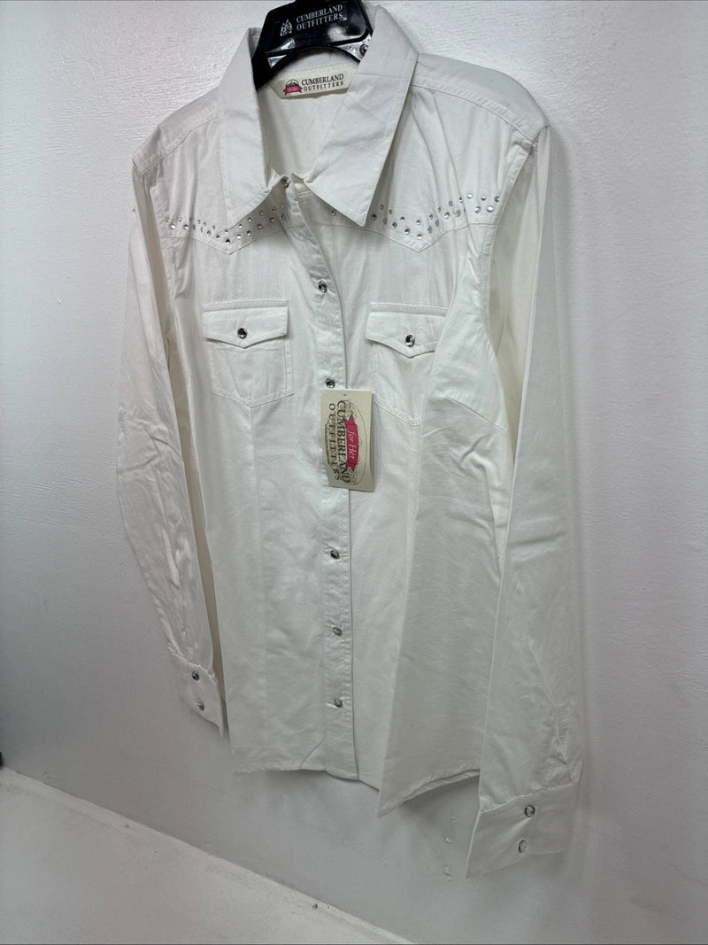 New Women’s Cumberland White Gem Long Sleeve Pearl Snap Large MM-8