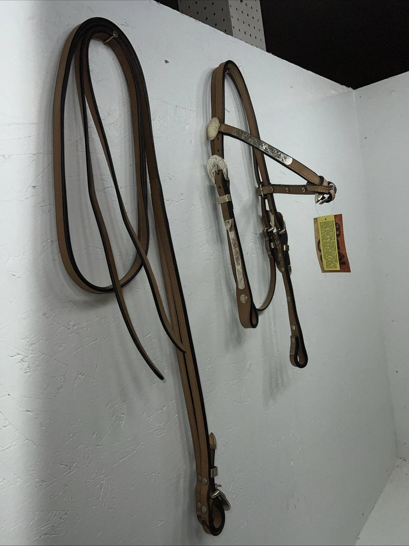 New Royal King Leather Metal Plate Browband Headstall W Split Reins #18-34 U-26