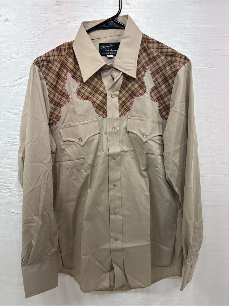New Men’s Champion Western Brown Design Long Sleeve Pearl Snap 15.5 Medium X-12