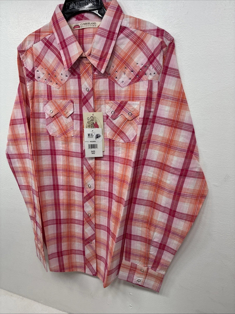 New Women’s Cumberland Pink Orange Plaid Long Sleeve Pearl Snap Large II-106
