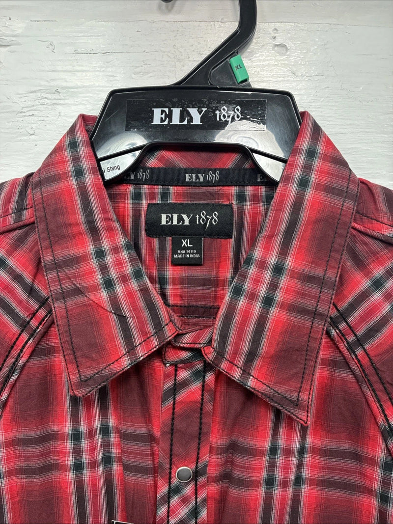 New Men’s ELY 1878 Red Plaid Long Sleeve Pearl Snap XL M-53