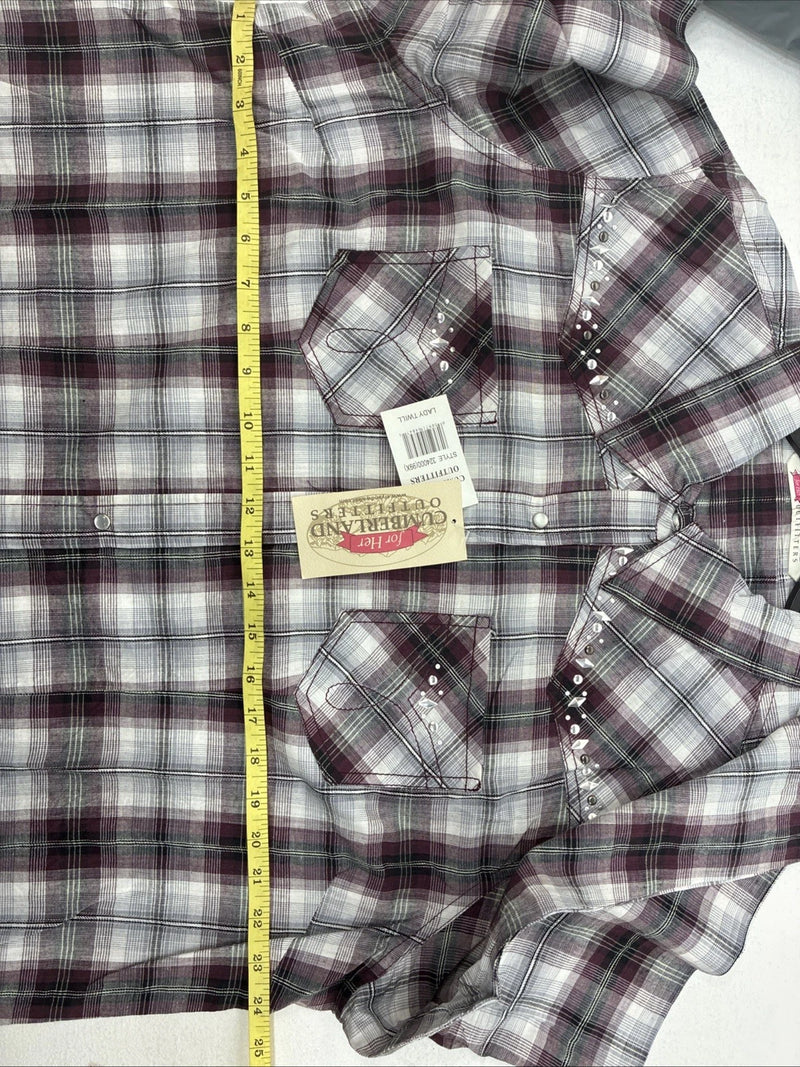 New Women’s Cumberland Purple Plaid Long Sleeve Pearl Snap 2XL GG-32