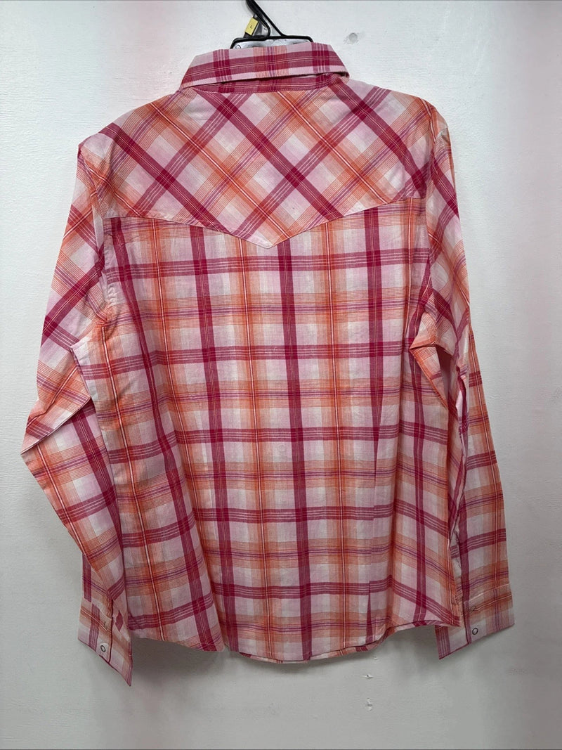 New Women’s Cumberland Pink Orange Plaid Long Sleeve Pearl Snap Large II-106