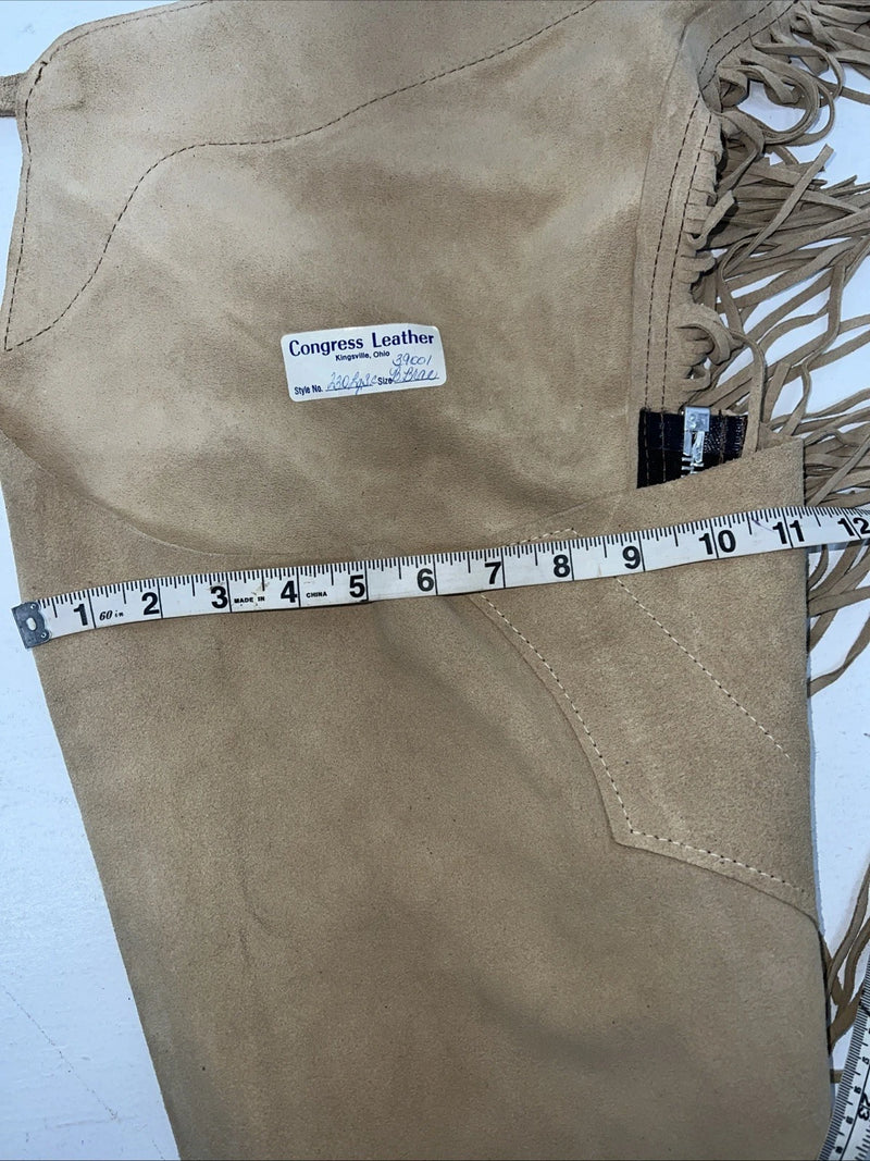 New Tan Congress Leather Show Chaps With Fringe Adjustable Waist 44” L-45