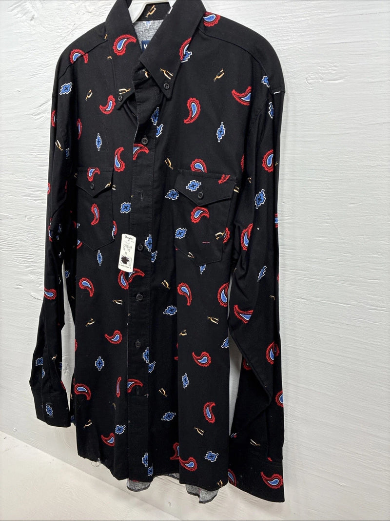 New Men’s Wrangler Black Designed Long Sleeve Button Up 16.5 Large Q-76