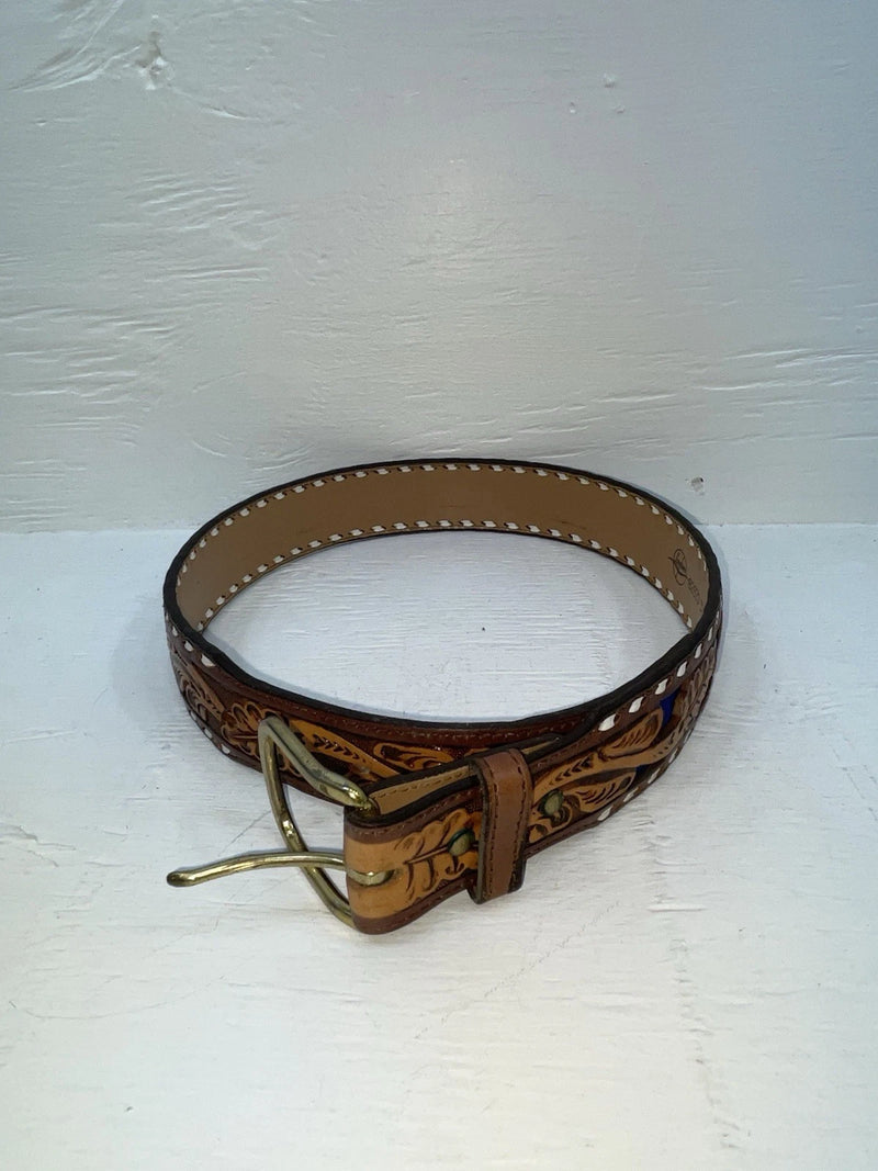 New Blue Genuine Leather Longhorn Tooled 32” Belt #82829 JJ-39
