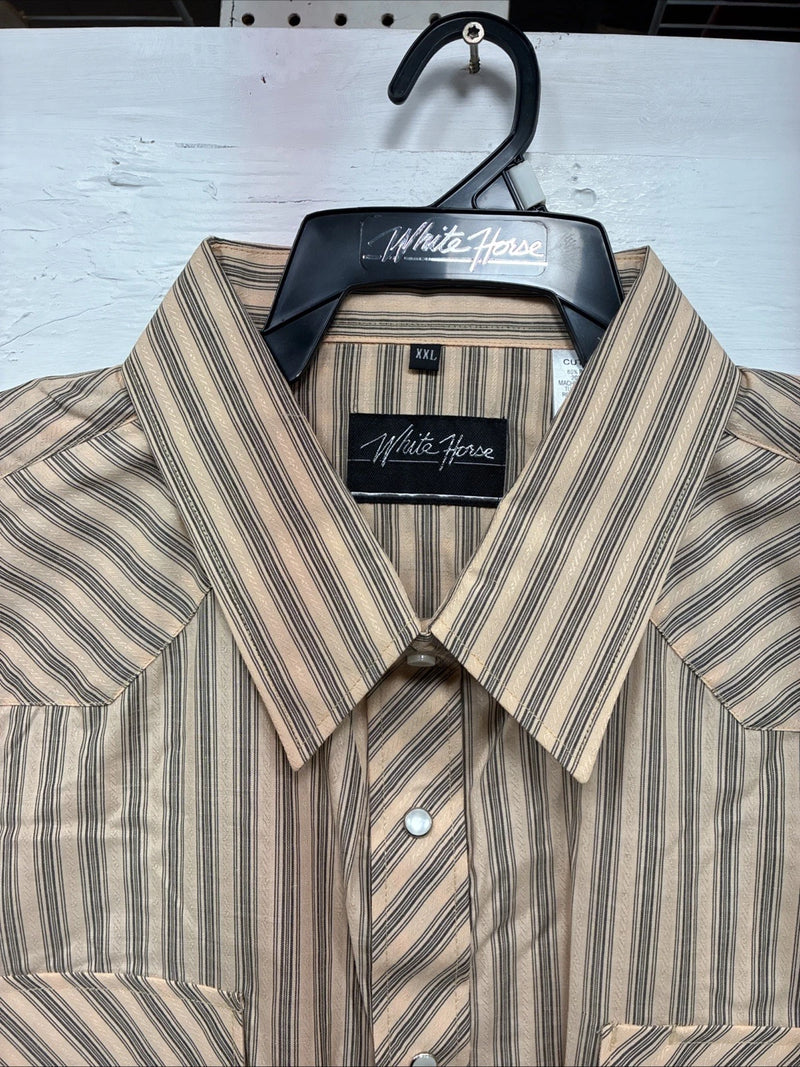 New Men’s White Horse Gold Black Stripe Long Sleeve Pearl Snap 2XL H-30