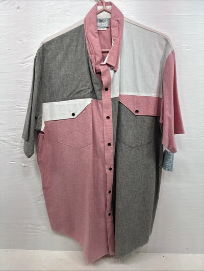 New Men’s Cowboy Threads Pink Gray Short Sleeve Button Up Large CC-39
