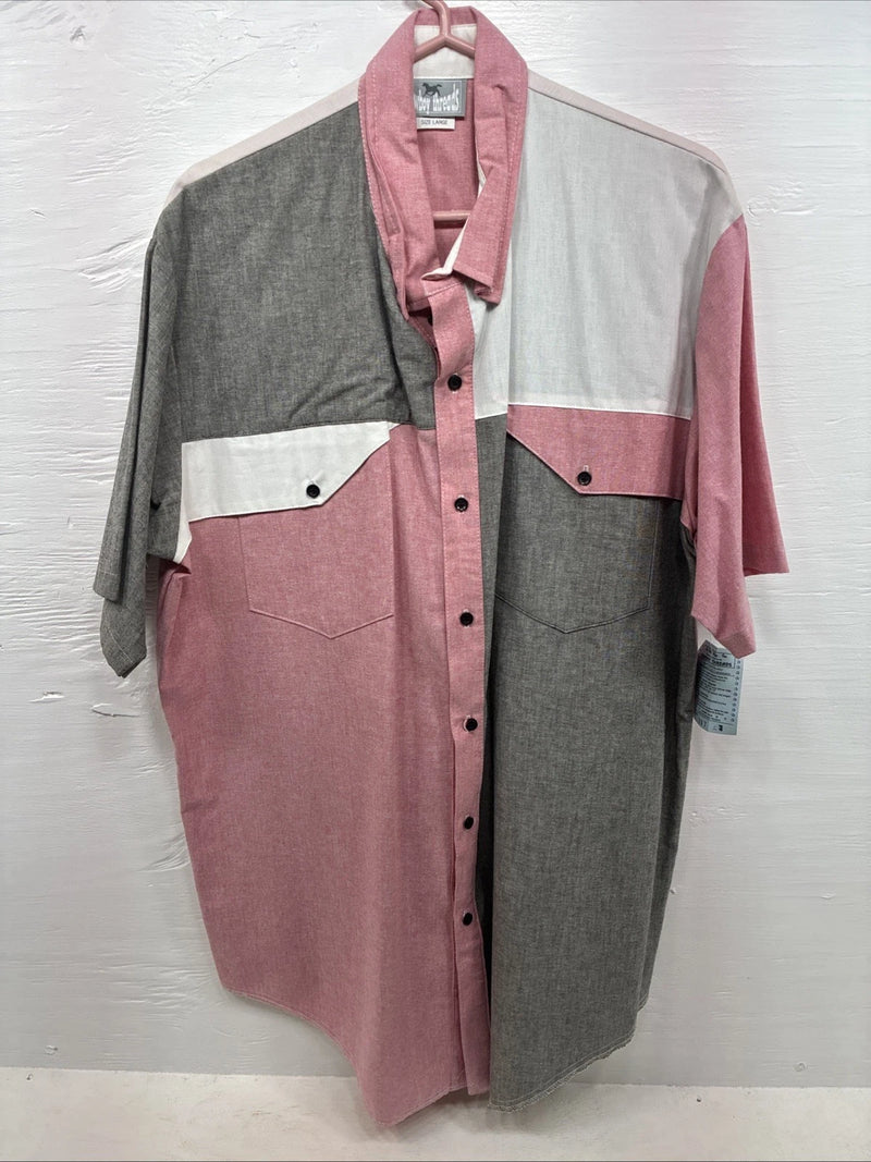 New Men’s Cowboy Threads Pink Gray Short Sleeve Button Up Large CC-39