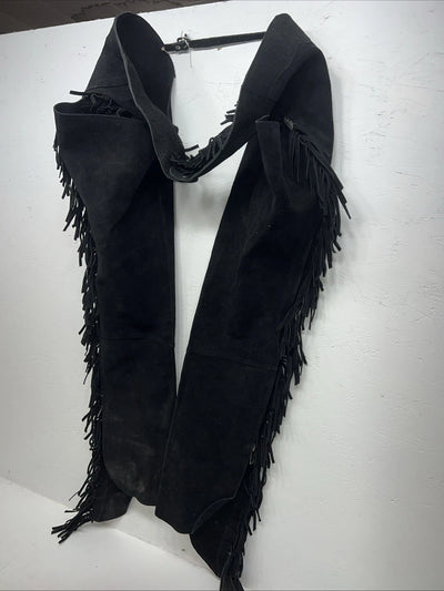 NOS Black Show Chaps With Fringe Adjustable Waist 46” I-69