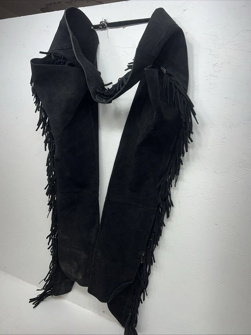 NOS Black Show Chaps With Fringe Adjustable Waist 46” I-69