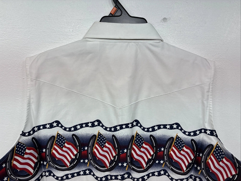 New Women’s Cumberland White Flag Design Short Sleeve Pearl Snap Medium LL-84