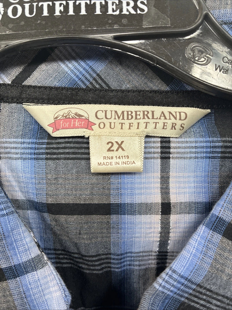 New Women’s Cumberland Blue Black Plaid Long Sleeve Pearl Snap 2XL GG-36