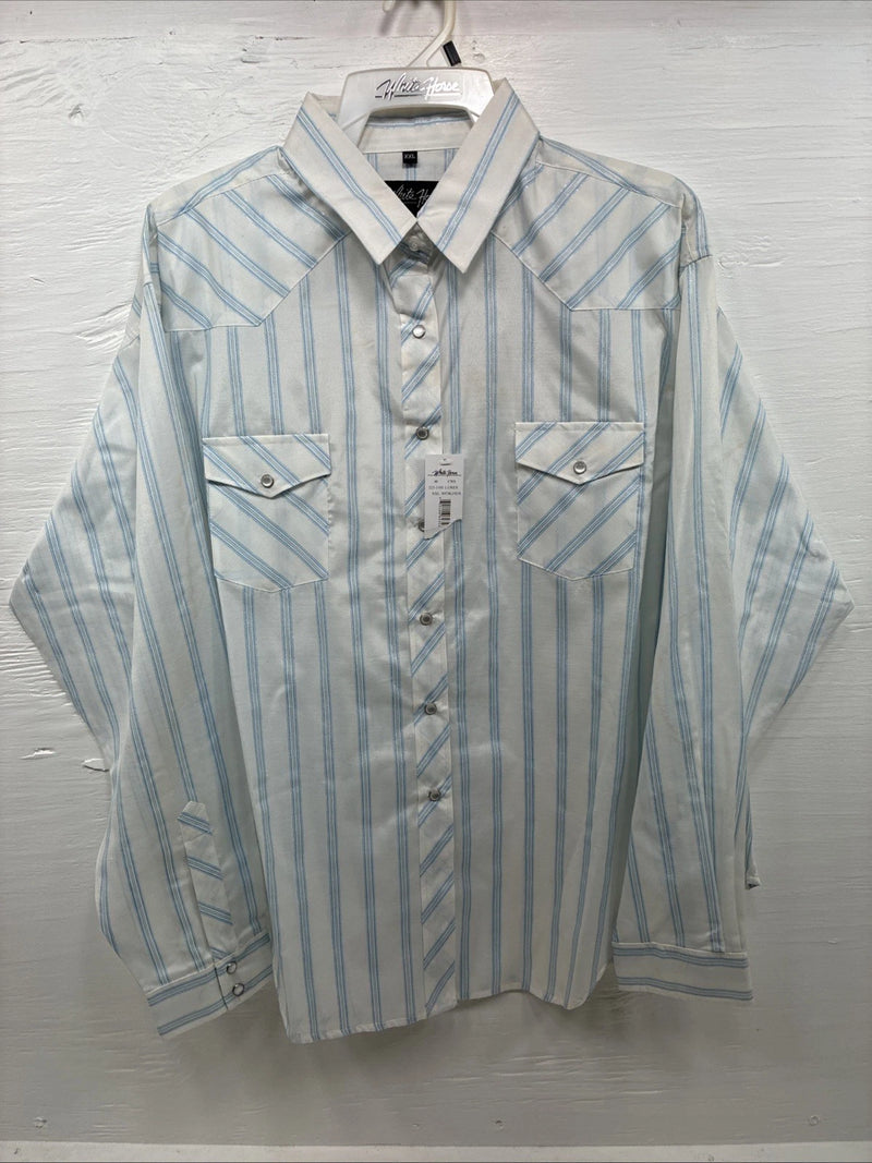 New Men’s White Horse White Blue Stripe Long Sleeve Button Up 2XL H-73