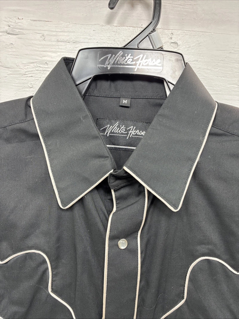 New Men’s White Horse Black Western Long Sleeve Pearl Snap Medium V-5