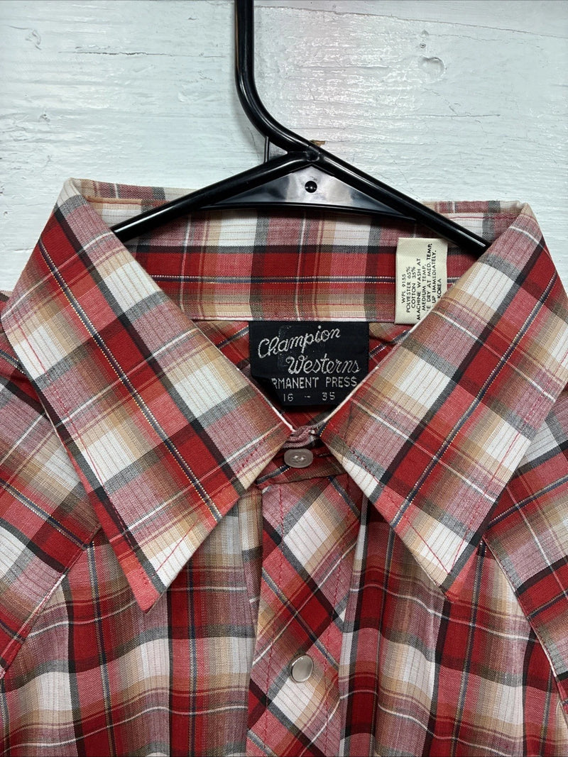 New Men’s Champion Westerns Red Plaid Long Sleeve Pearl Snap 16 X 35 Large Q-84