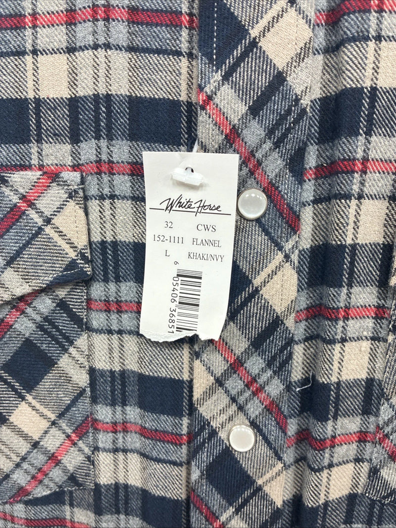 New Men’s White Horse Brown Blue Plaid Long Sleeve Pearl Snap Large V-102