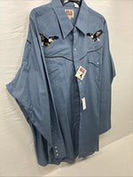 New Men’s ELY Cattleman Blue Eagle Design Long Sleeve Pearl Snap 2XL H-54