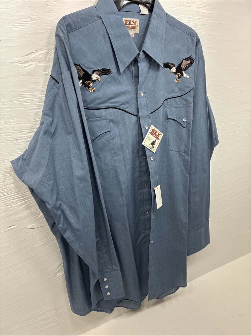New Men’s ELY Cattleman Blue Eagle Design Long Sleeve Pearl Snap 2XL H-54
