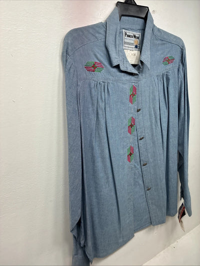 New Women’s Pioneer Wear Blue Long Sleeve Button Up Size 14 KK-116