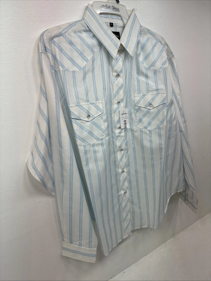 New Women’s White Horse White Blue Stripe Long Sleeve Pearl Snap XL GG-71