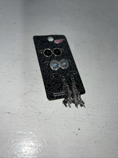 New Women’s Blazin Roxx Set Of 3 Earrings. Black Turquoise Silver. 30686 A-86
