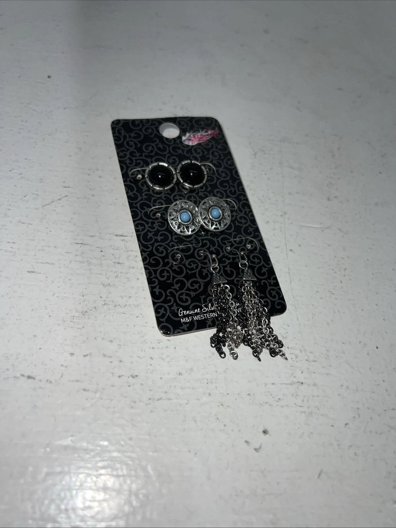 New Women’s Blazin Roxx Set Of 3 Earrings. Black Turquoise Silver. 30686 A-86