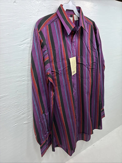 New Men’s ELY Cattleman Purple Stripe Long Sleeve Pearl Snap 15.5 Medium AA-112